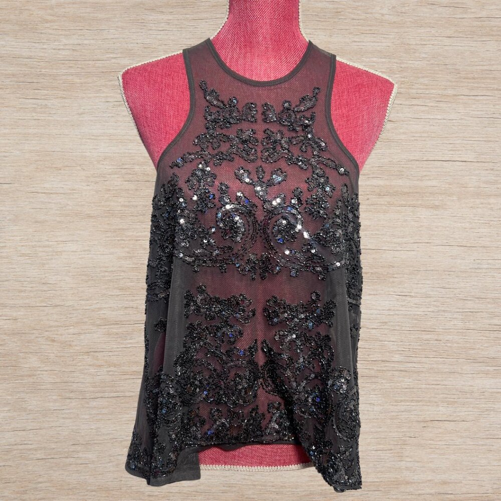 Mesh Sequin Embellished Grey Silver Racerback Blouse Womens Size M Party Top